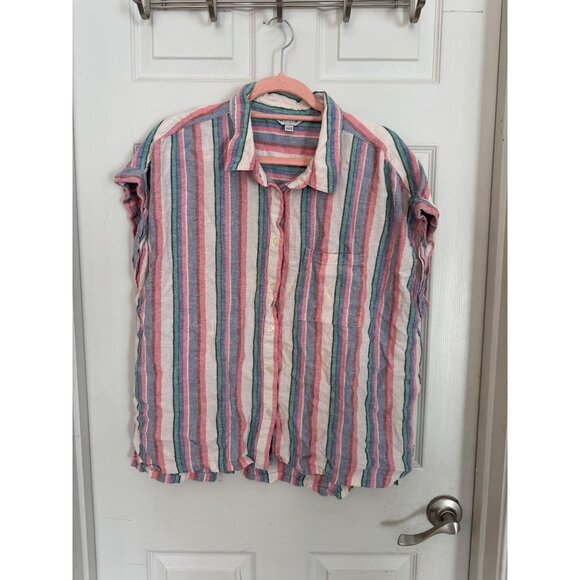 Orvis Multi-Color Cap Sleeve Striped Button Down Linen Blend Blouse Size XL - Picture 1 of 8